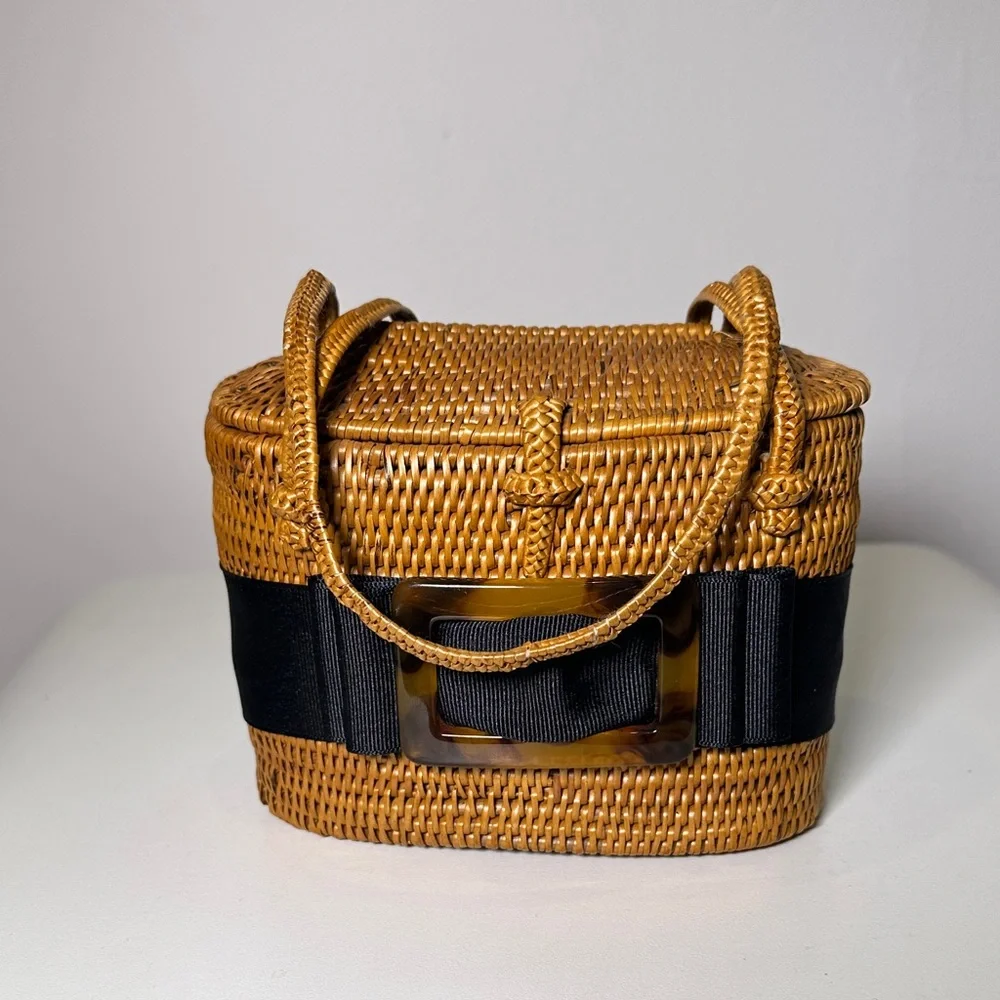 Chic Tan Woven Mini Bag with Black Accent - Picture 3 of 15